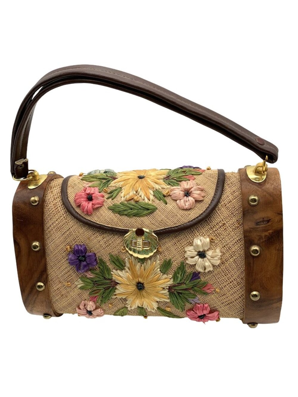 Vintage Woven Straw Wood Box Purse Floral Raffia Embroidered Top Handle Bag READ